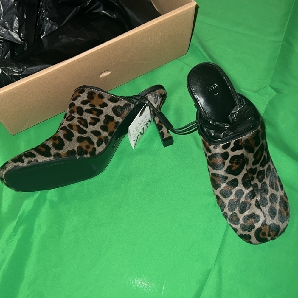 NWT Zara 100% Cow Fur Skin/ 90% Goat Leather Animal Print Mules size 38 - Picture 6 of 13